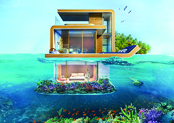 Floating Seahorse villas are innovative three-storey units that float on water. Their lower floor is completely submerged. 